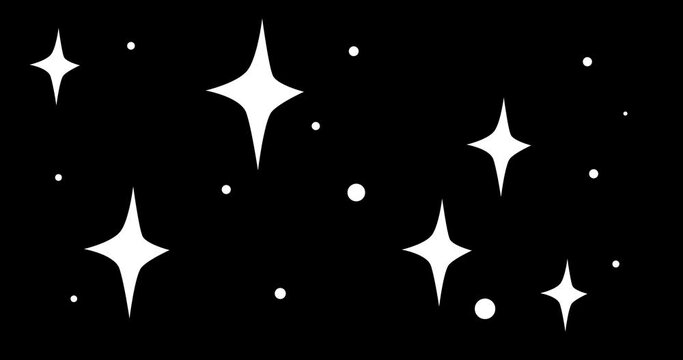 White animated shining cosmic star and sparkle shapes on black background in doodle style. Sketchy pulsing, twinkling motion graphic cartoon elements. Alpha channel. Hand drawn stars.