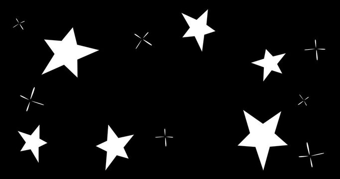 White animated shining cosmic star and sparkle shapes on black background in doodle style. Sketchy pulsing, twinkling motion graphic cartoon elements. Alpha channel. Hand drawn stars.