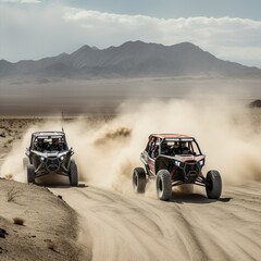 Fototapeta na wymiar Two Side By Sides Racing through the desert sand 
