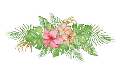 Watercolor floral bouquet of bright tropical leaves and flowers
