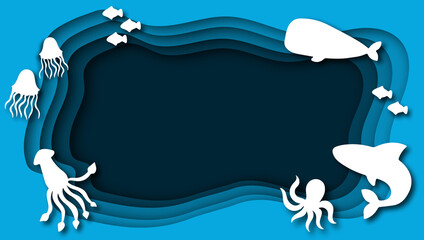 Fondo del oceano con espacio para texto con peces blancos sobre un fondo azul - papercut