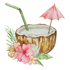 Watercolor tropical illustration of beach elements and floral