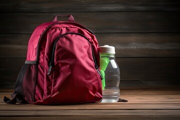 red backpack and water bottle side by side on a white background Generative AI