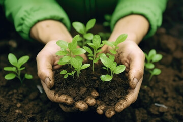 Close up of the hand of the gardener planting flowers and plants.