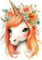 Watercolor Magic Unicorn with Flowers with Generative AI