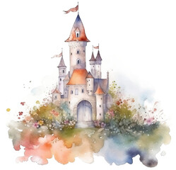 Watercolor fantasy castle. Sky kingdom with clouds. Fairytale with Generative AI	
