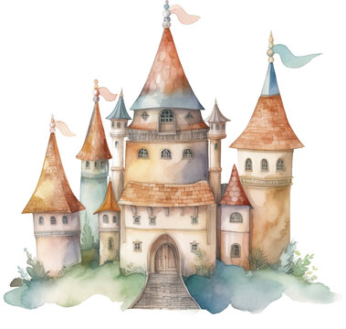 Watercolor fantasy castle. Sky kingdom with clouds. Fairytale with Generative AI	
