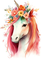 Obraz na płótnie Canvas Watercolor Magic Unicorn with Flowers with Generative AI
