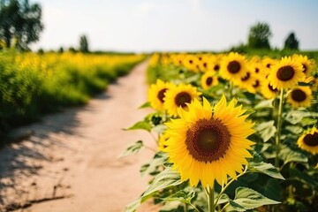 scenic dirt road surrounded by a vast field of blooming sunflowers Generative AI