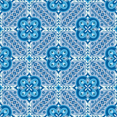 Blue flowers and geometrics shapes traditional symmetrical tiles with geometric folk art flowers in vintage style. Design for adorning a peaceful yet vibrant space. 