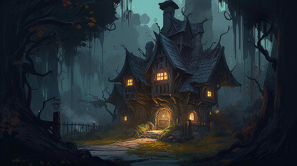 haunted house in the woods. Generative Ai - obrazy, fototapety, plakaty