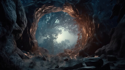 arch portal magial fantasy in the jungle at midnight. Generative Ai