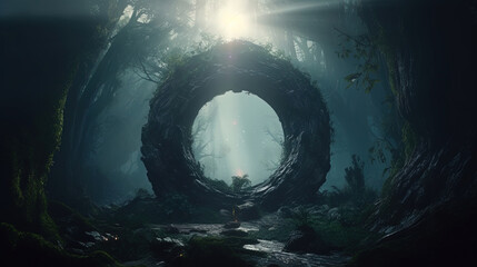 arch portal magial fantasy in the jungle at midnight. Generative Ai
