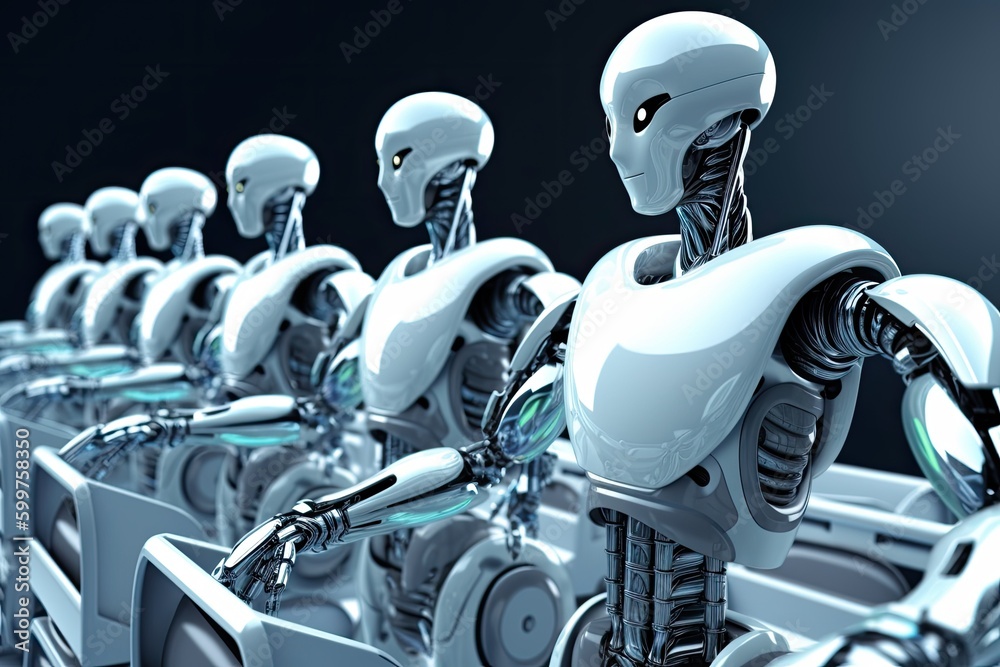 Poster row of futuristic robots standing in formation generative ai