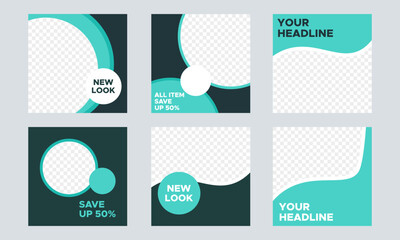 Set of Editable minimal square banner template. Turquoise background color. Suitable for social media post and web internet ads. Vector illustration with photo space - obrazy, fototapety, plakaty
