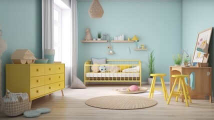 mockup room interior clean clear colourful accent wall kidroom area daylight home interior design concept,image ai generate