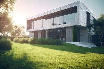 house with a garage and a garage natural lighting. generative AI