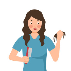 Young woman worrying about her hair fall problem in flat design on white background.