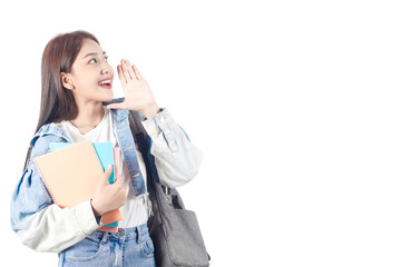 Smiling Asian female student keeps hand near mouth and whispers secre. PNG file format isolated on transparent background