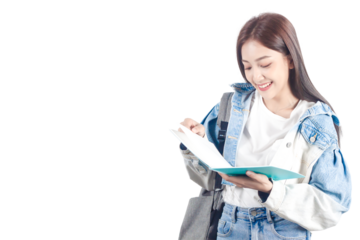 Smiling Asian female student standing and reading a book. PNG file format isolated on transparent background