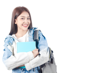Smiling Asian female student Standing hugging a book. PNG file format isolated on transparent background