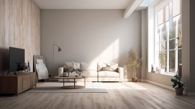 home interior design white and clean minimal living room sofa clear light day time nature earth tone material scheme colour image, image ai generate