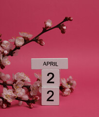 Wooden block calendar with date april 22 and peach blossom branch on pink background. spring time, planning, holiday