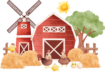 Watercolor Illustration set of cute farm animals and farm house © Stella