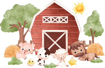 Watercolor Illustration set of cute farm animals and farm house © Stella