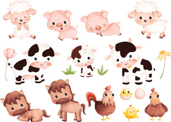 Watercolor Illustration set of cute farm animals