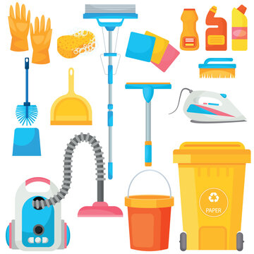 Vector cartoon set with cleaning and laundry items. The concept of cleanliness and cleaning. Cute elements for your design.