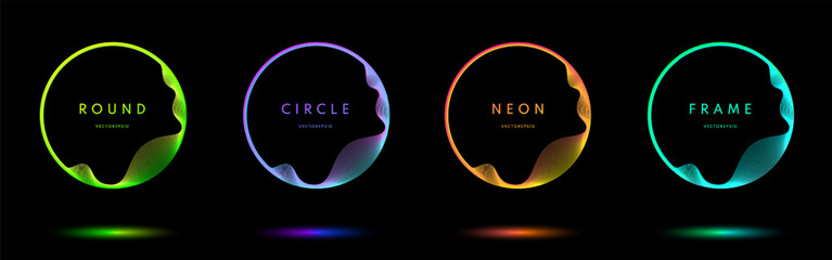 Set of glowing neon lighting lines isolated on black background with copy space. Blue, red-purple, green illuminate circle frames collection design. Abstract cosmic border. Top view futuristic style. - obrazy, fototapety, plakaty