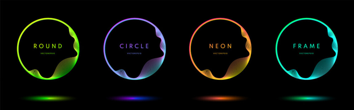 Set of glowing neon lighting lines isolated on black background with copy space. Blue, red-purple, green illuminate circle frames collection design. Abstract cosmic border. Top view futuristic style.