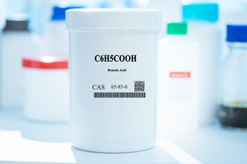 C6H5COOH benzoic acid CAS 65-85-0 chemical substance in white plastic laboratory packaging