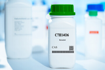 C7H14O6 bornesitol CAS  chemical substance in white plastic laboratory packaging
