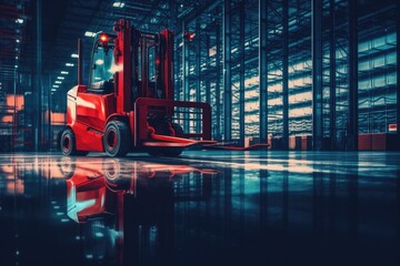 red forklift parked in a warehouse Generative AI - obrazy, fototapety, plakaty