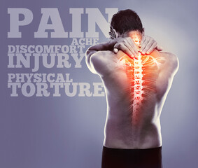 Man, back pain and red glow in studio with spine, injury and stress at workout, exercise or...