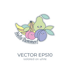 Sticker with cute cartoon fruits with funny kawaii face on a white background