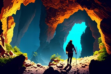 Obraz premium Exploring the Unknown: A Lone Adventurer in a Mysterious Cave