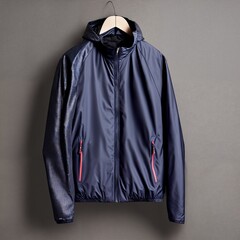 Modern Blue Hooded Jacket on Clothing Rack