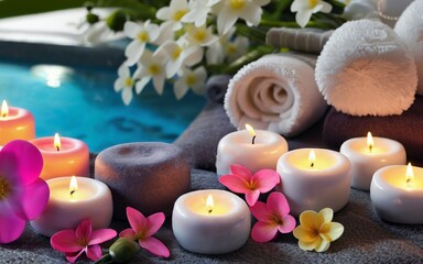 Obraz na płótnie Canvas Aromatherapy candles and flowers in a spa