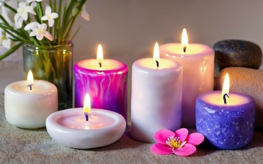 Fototapeta na wymiar Soothing Ambiance - Colored Candles and Flowers