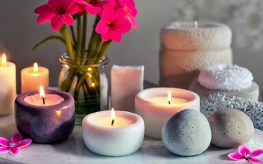Obraz na płótnie Canvas Flower Vase with Candles and Stones
