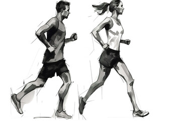 Fototapeta premium Silhouettes of the man and woman jogging. Charcoal drawing, generative art