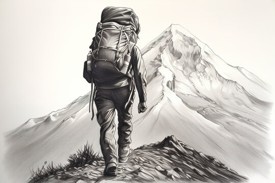 Hiking in the mountains. Rear view of hiker with backpack on the move in the mountains. Charcoal drawing, generative art