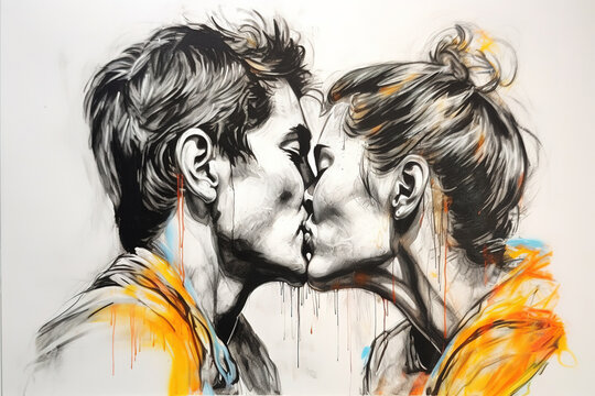 An abstract illustration of a young heterosexual couple kissing. Sketch drawing with colors in accents. Generative art