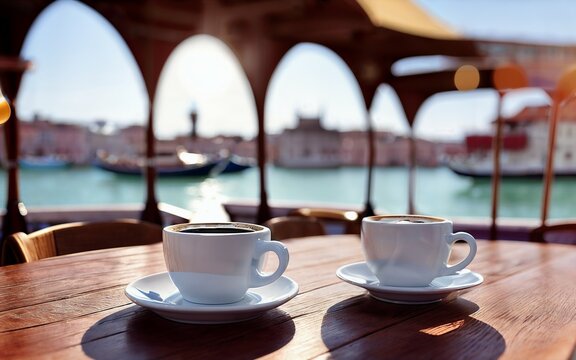 Coffee Break in Venice: Enjoying a Mug of Coffee on a Table by the Water