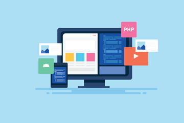 Coding and programming on computer screen, website design, software application web development with PHP, html language, content and smart device, vector illustration.
