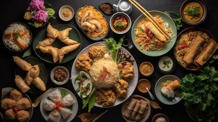 Fototapeta na wymiar Top view of various Asian food