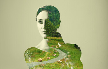 Woman, thinking and double exposure with nature, grass or ideas for adventure, sustainability or...